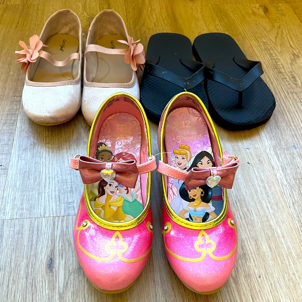 Disney Pink Princess Dress Up Shoes Sandals Flip Flops size 12 Bundle Lot